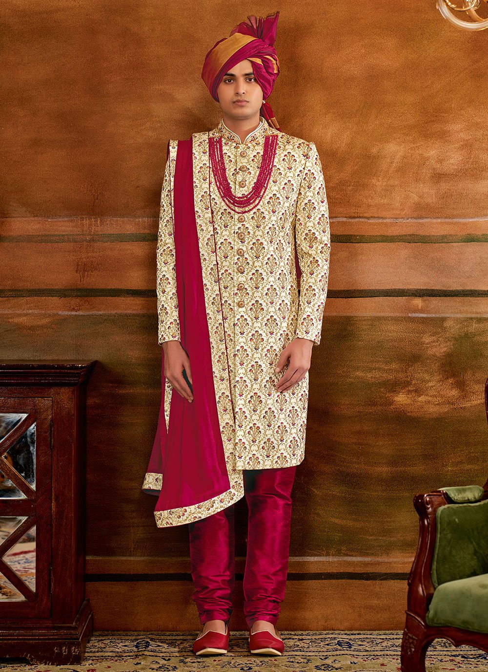 Sherwani Art Silk Cream Hand Work Mens