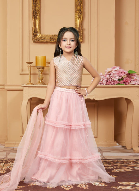 Lehenga Choli Art Silk Pink Fancy Work Kids