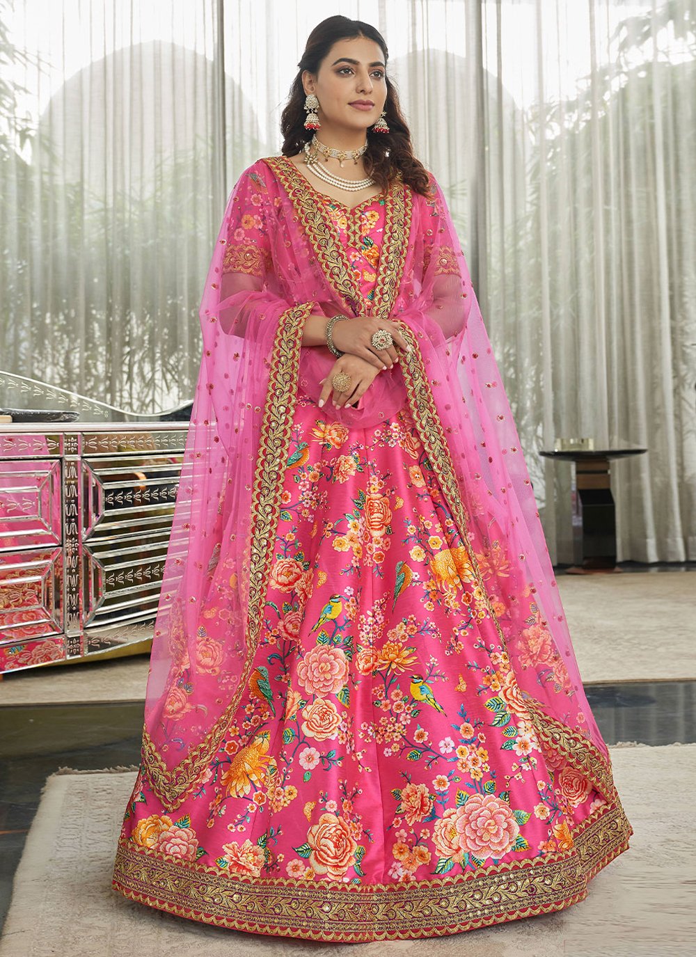 Lehenga Choli Art Silk Pink Digital Print Lehenga Choli