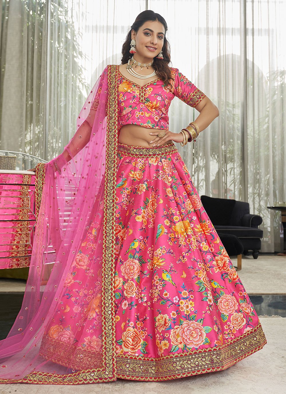 Lehenga Choli Art Silk Pink Digital Print Lehenga Choli