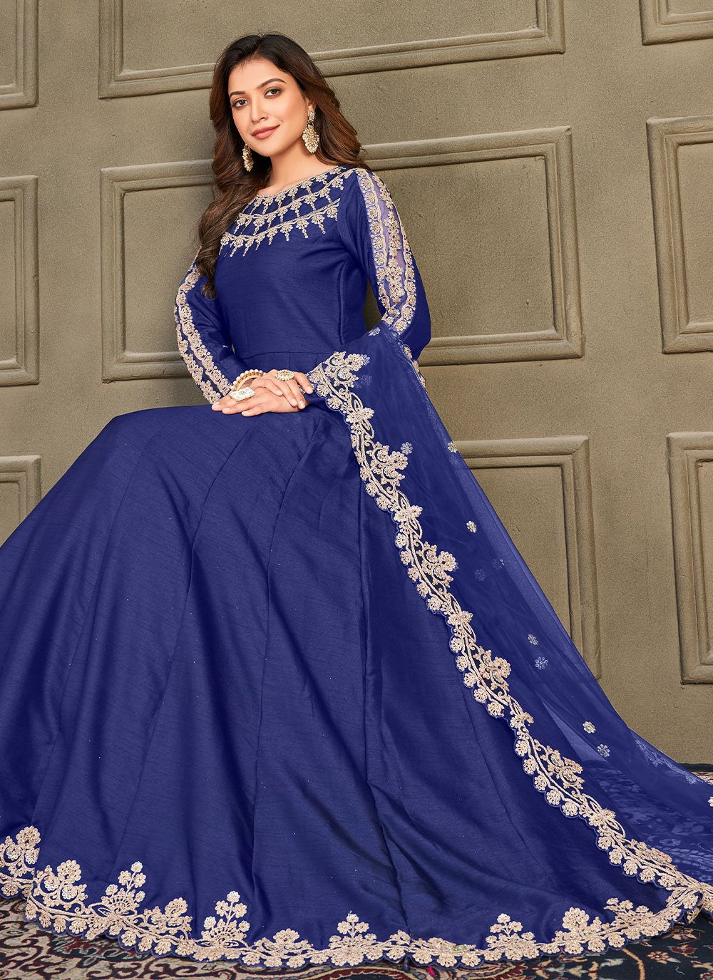 Anarkali Suit Art Silk Blue Embroidered Salwar Kameez