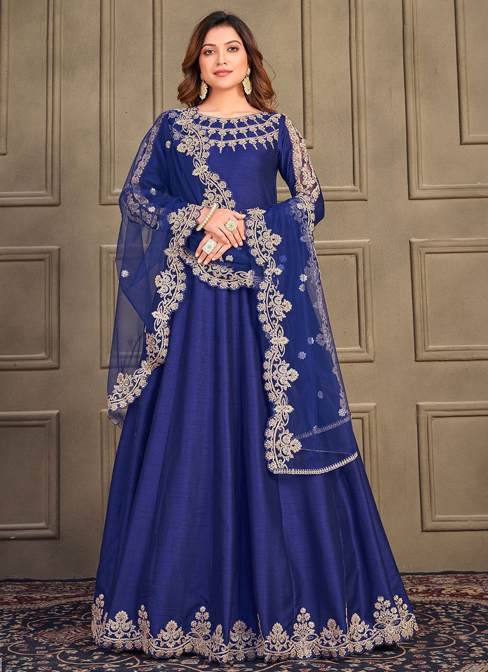 Anarkali Suit Art Silk Blue Embroidered Salwar Kameez