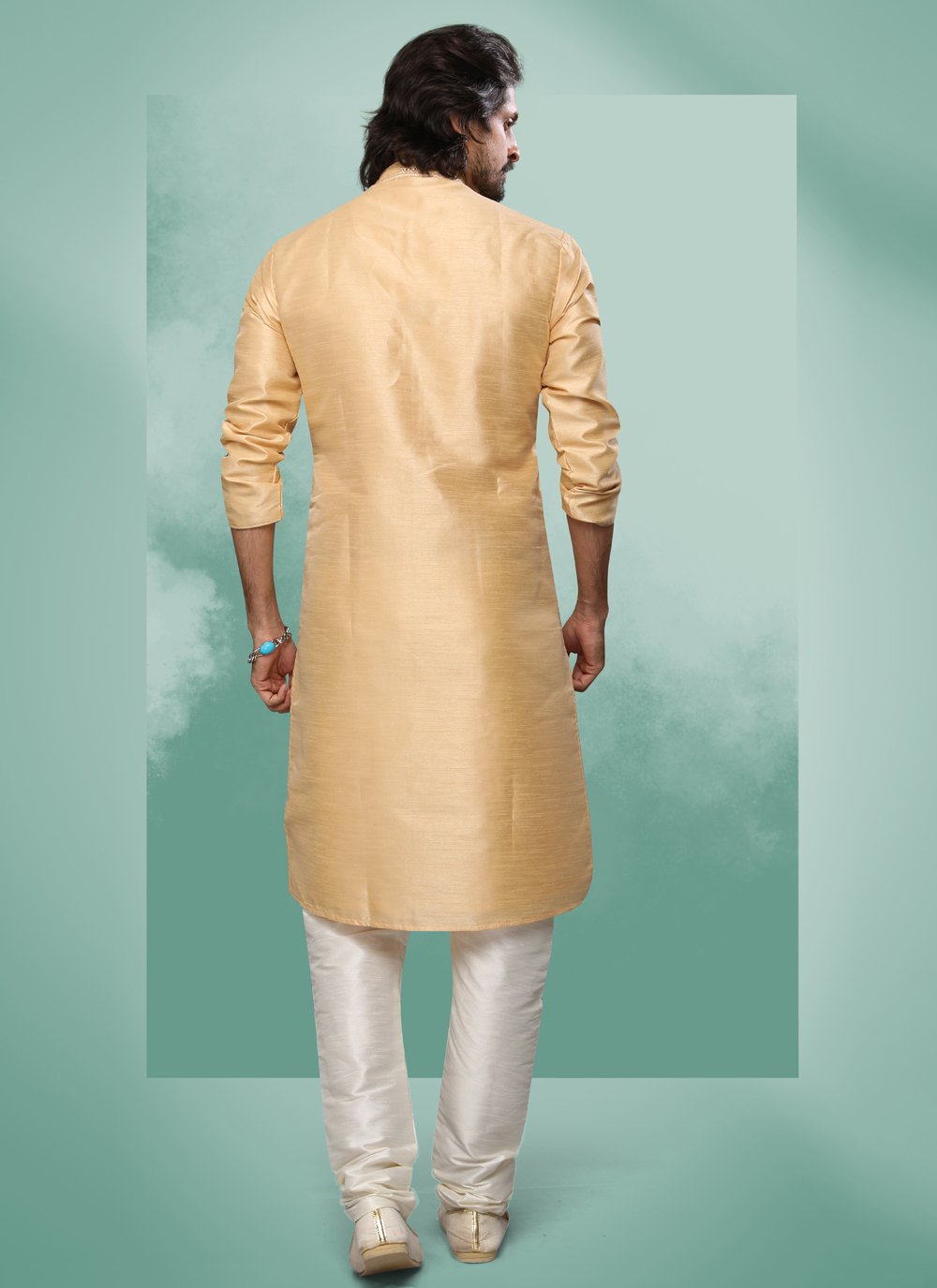 Kurta Pyjama Art Silk Beige Embroidered Mens