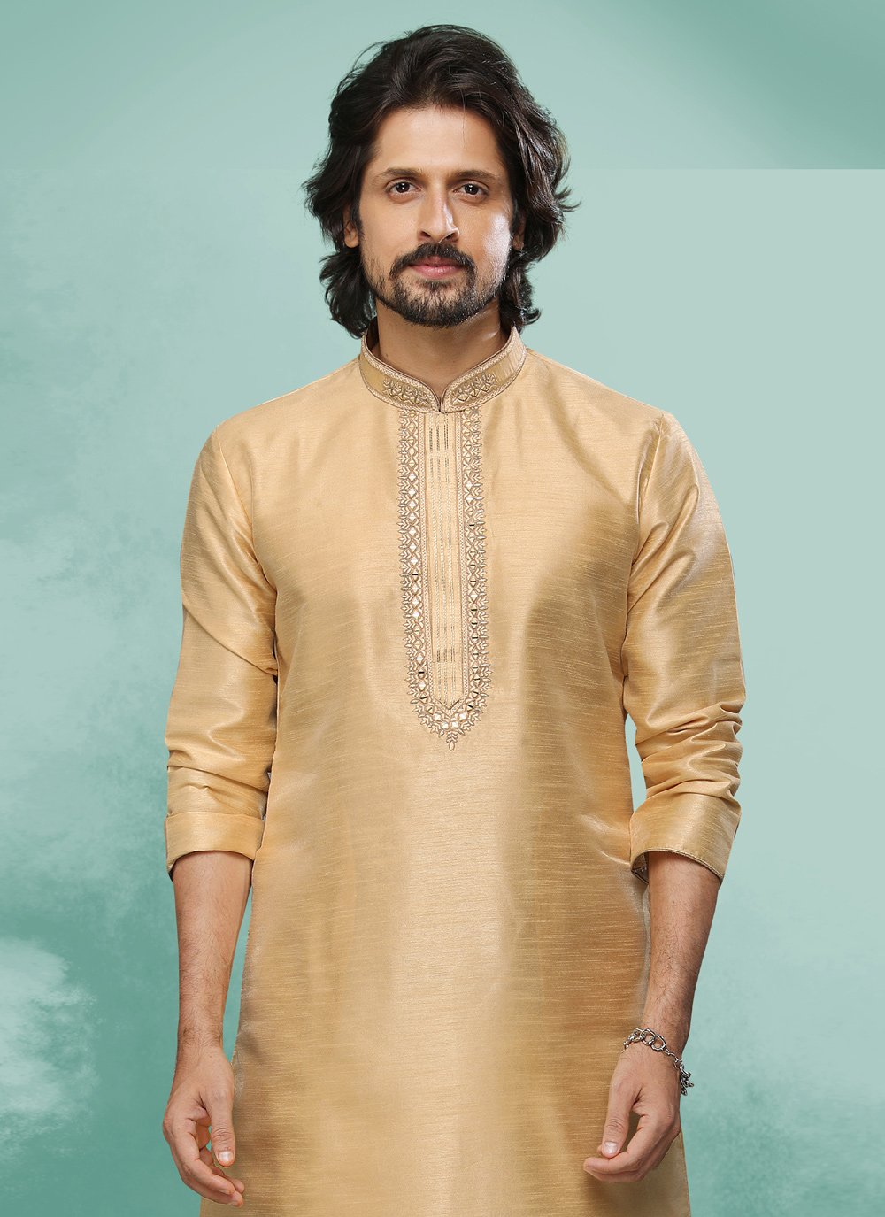 Kurta Pyjama Art Silk Beige Embroidered Mens