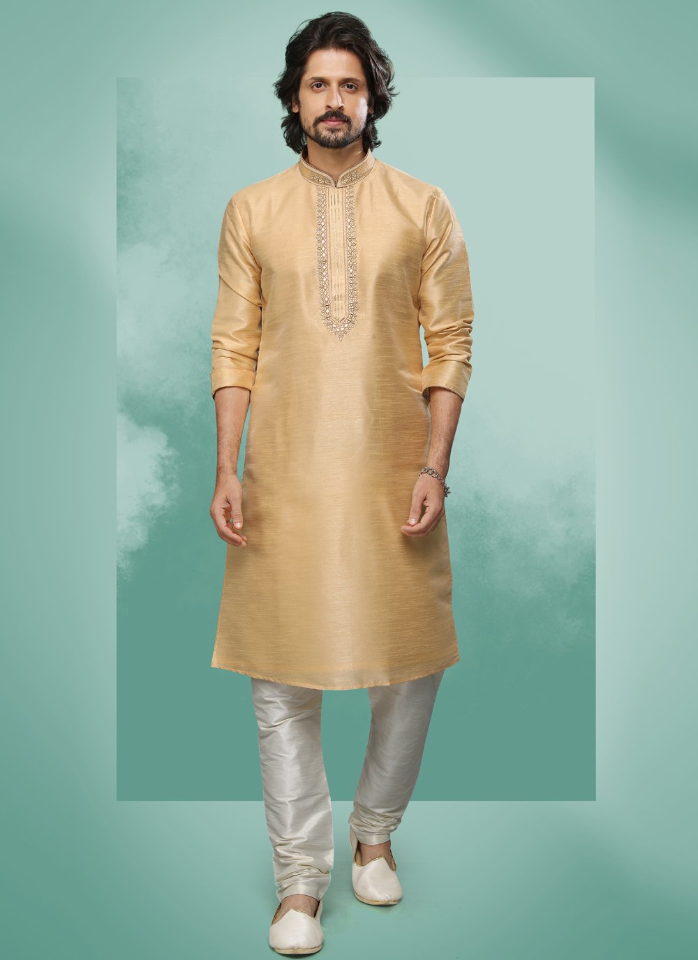 Kurta Pyjama Art Silk Beige Embroidered Mens