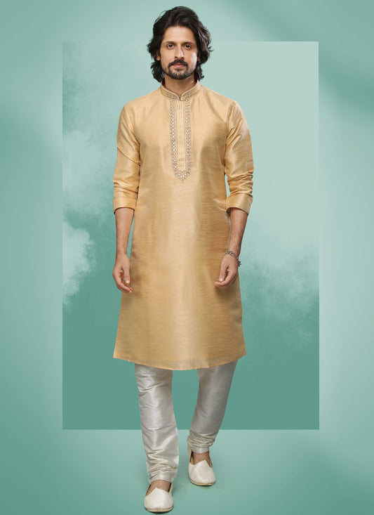 Kurta Pyjama Art Silk Beige Embroidered Mens