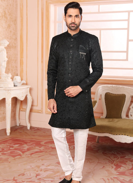 Indo Western Art Silk Black Embroidered Mens