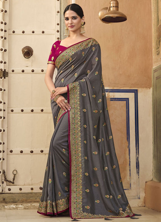 Classic Art Silk Grey Embroidered Saree