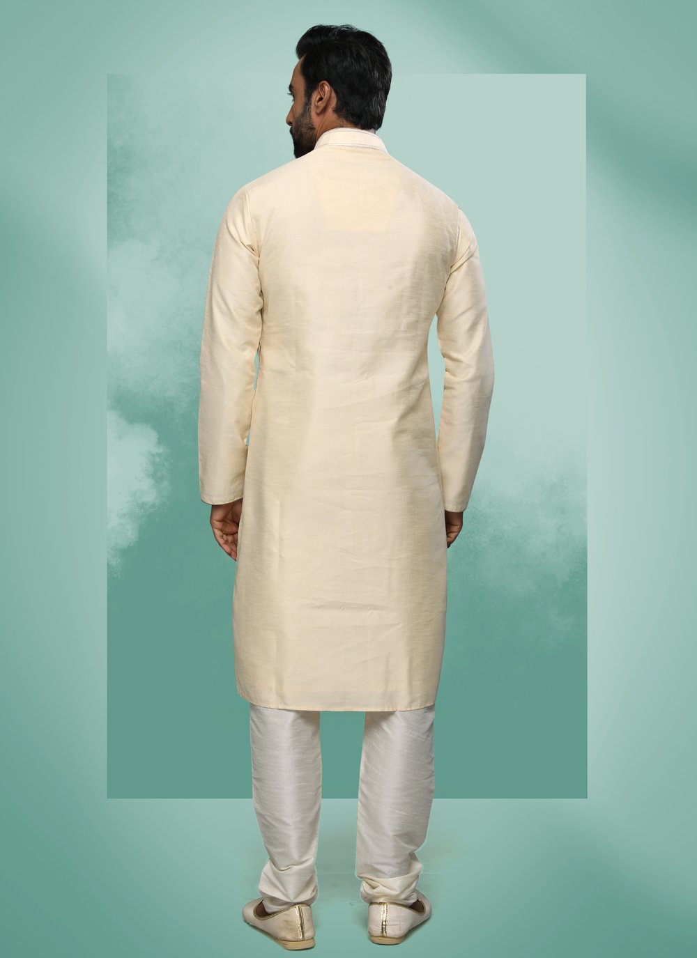 Kurta Pyjama Art Silk Cream Embroidered Mens