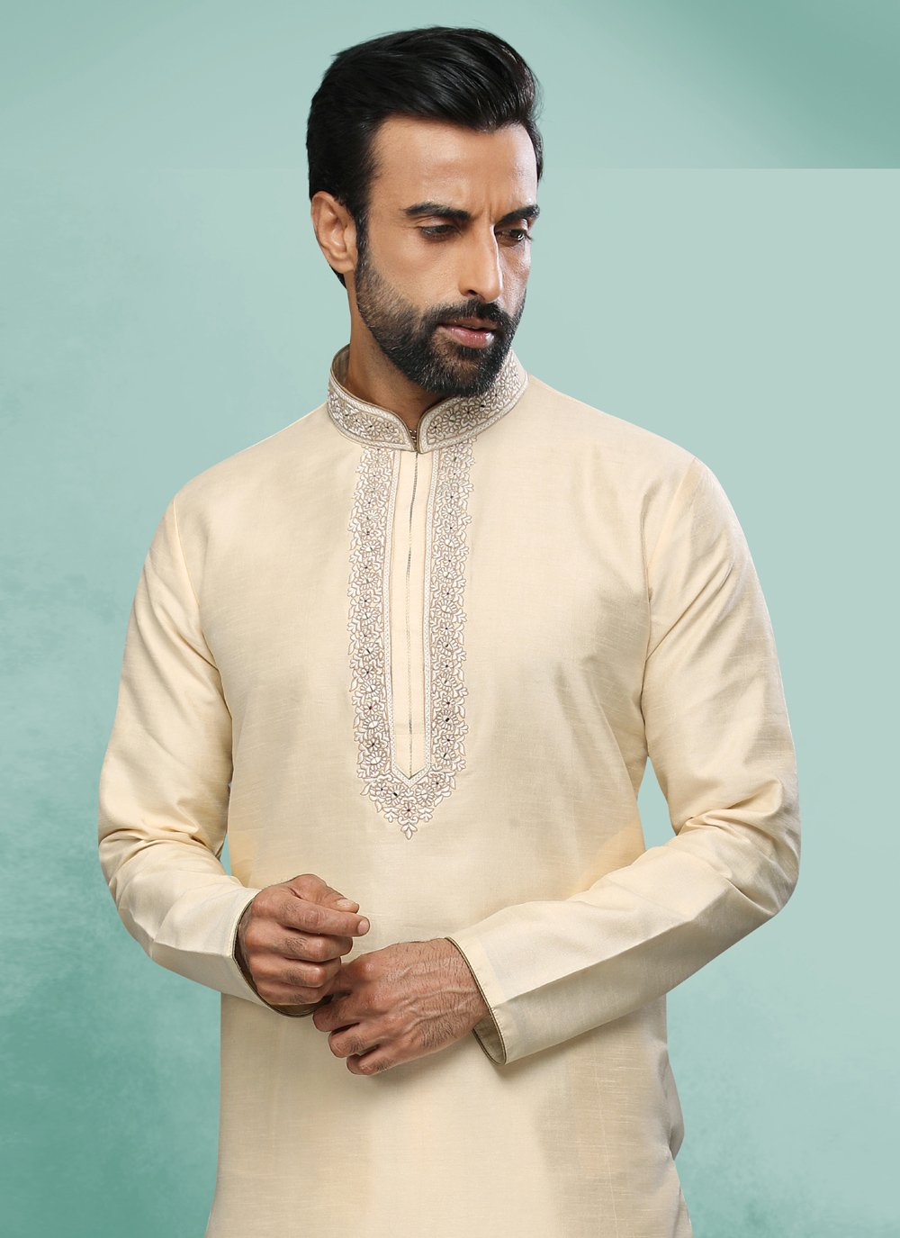 Kurta Pyjama Art Silk Cream Embroidered Mens