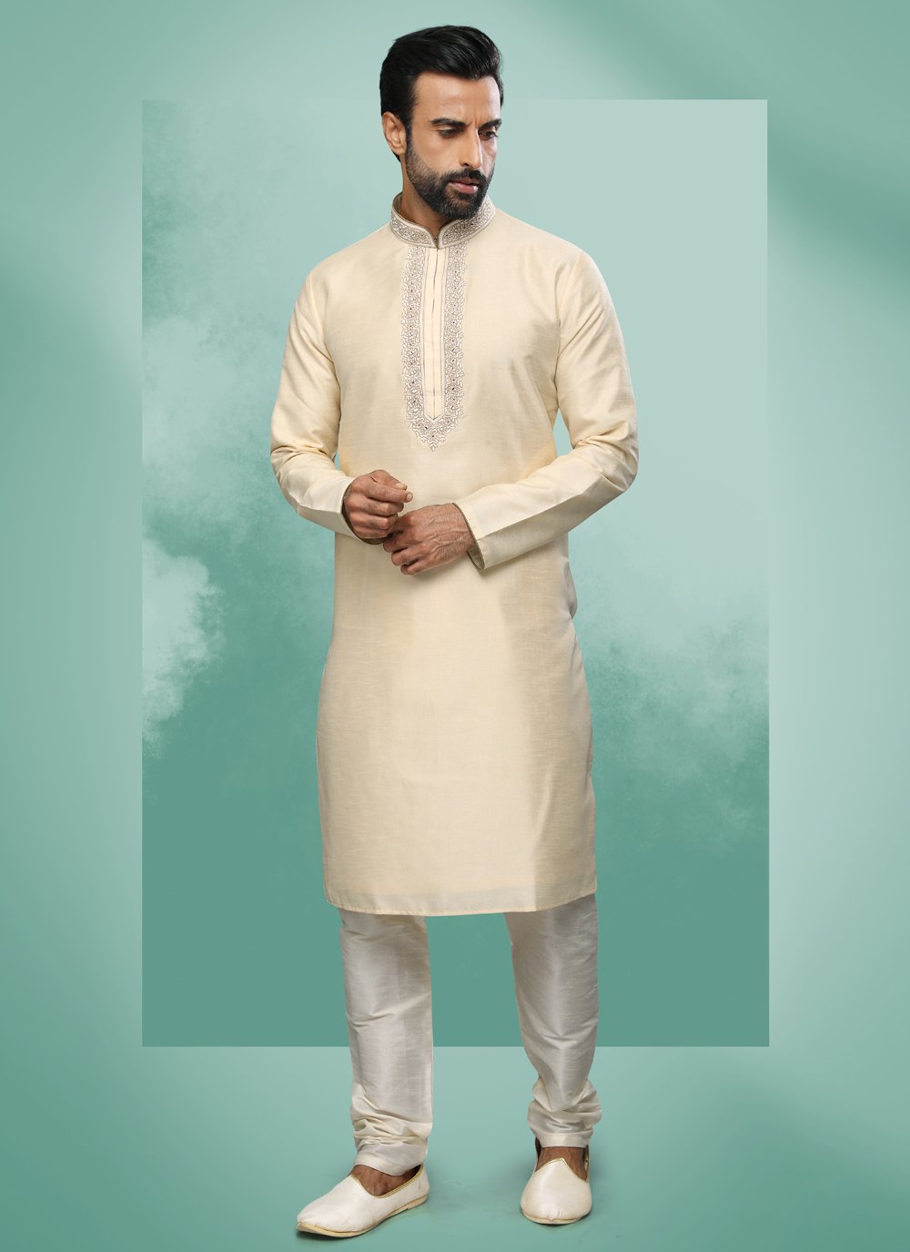 Kurta Pyjama Art Silk Cream Embroidered Mens