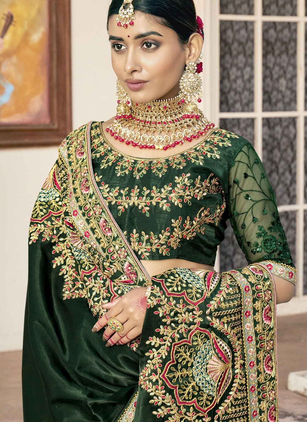 Contemporary Art Silk Green Embroidered Saree