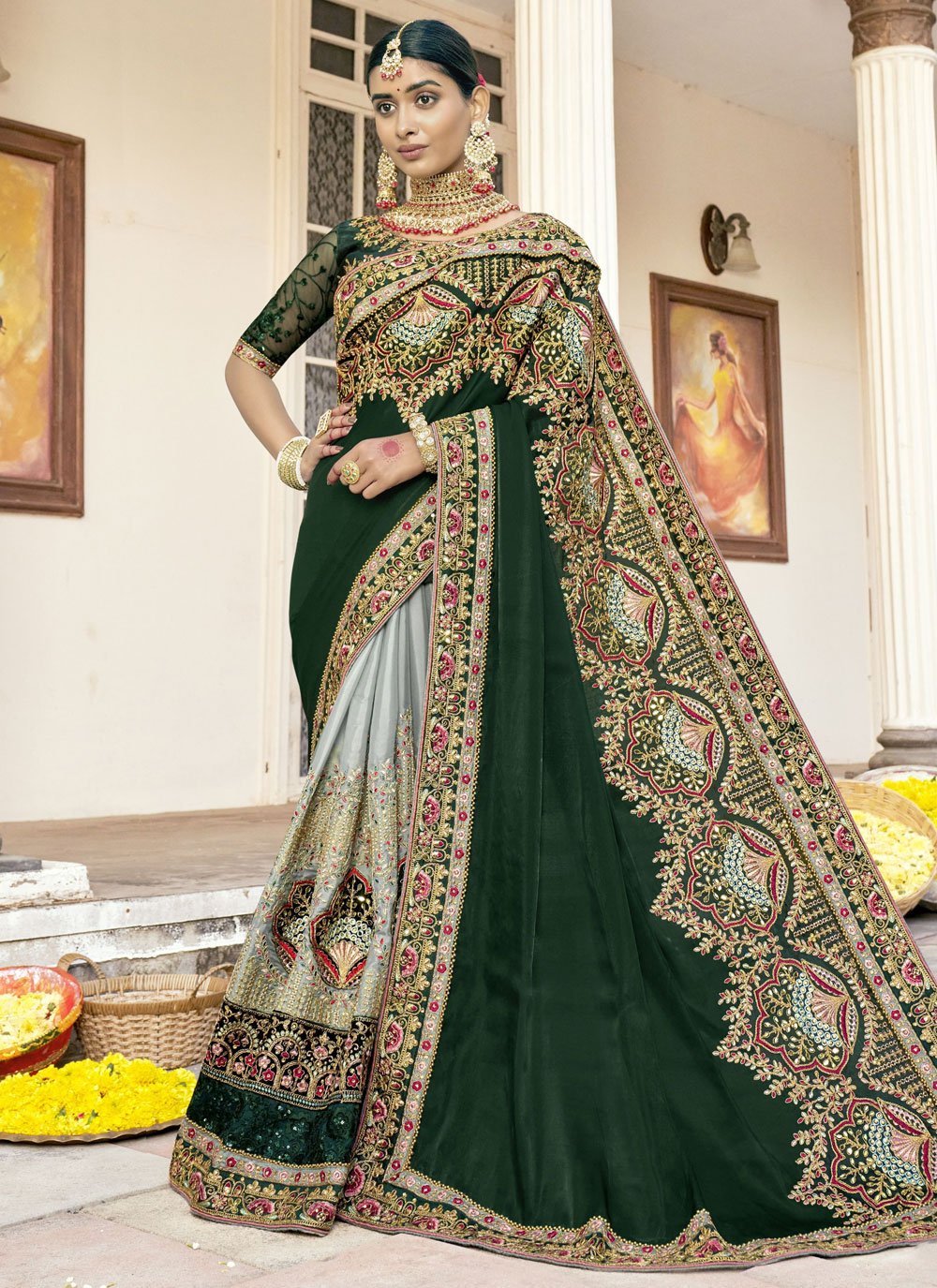 Contemporary Art Silk Green Embroidered Saree