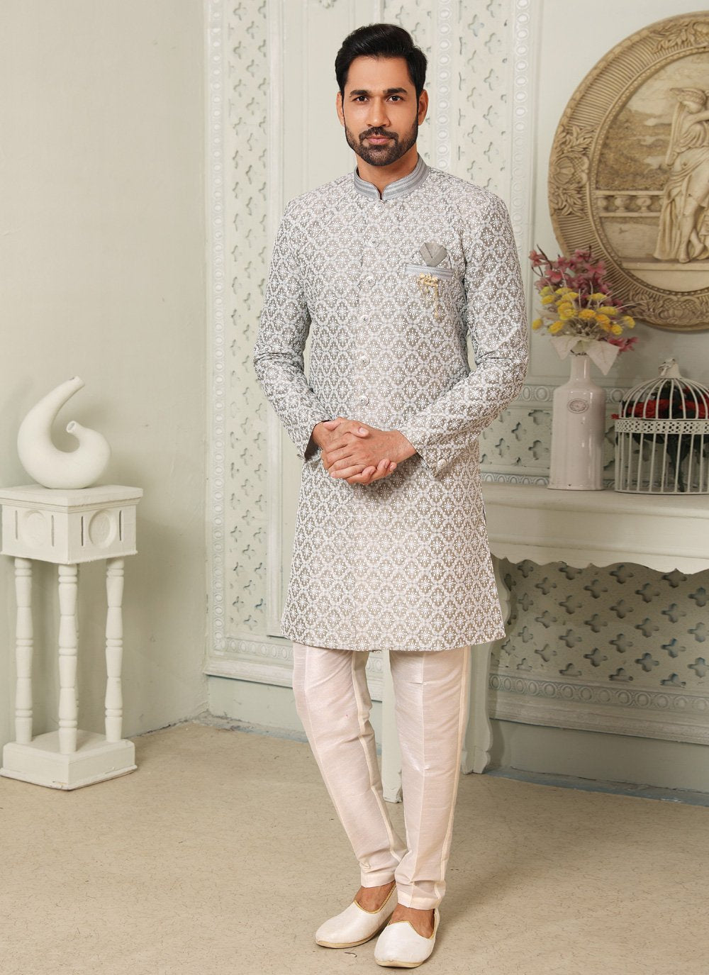 Indo Western Art Silk Grey Embroidered Mens