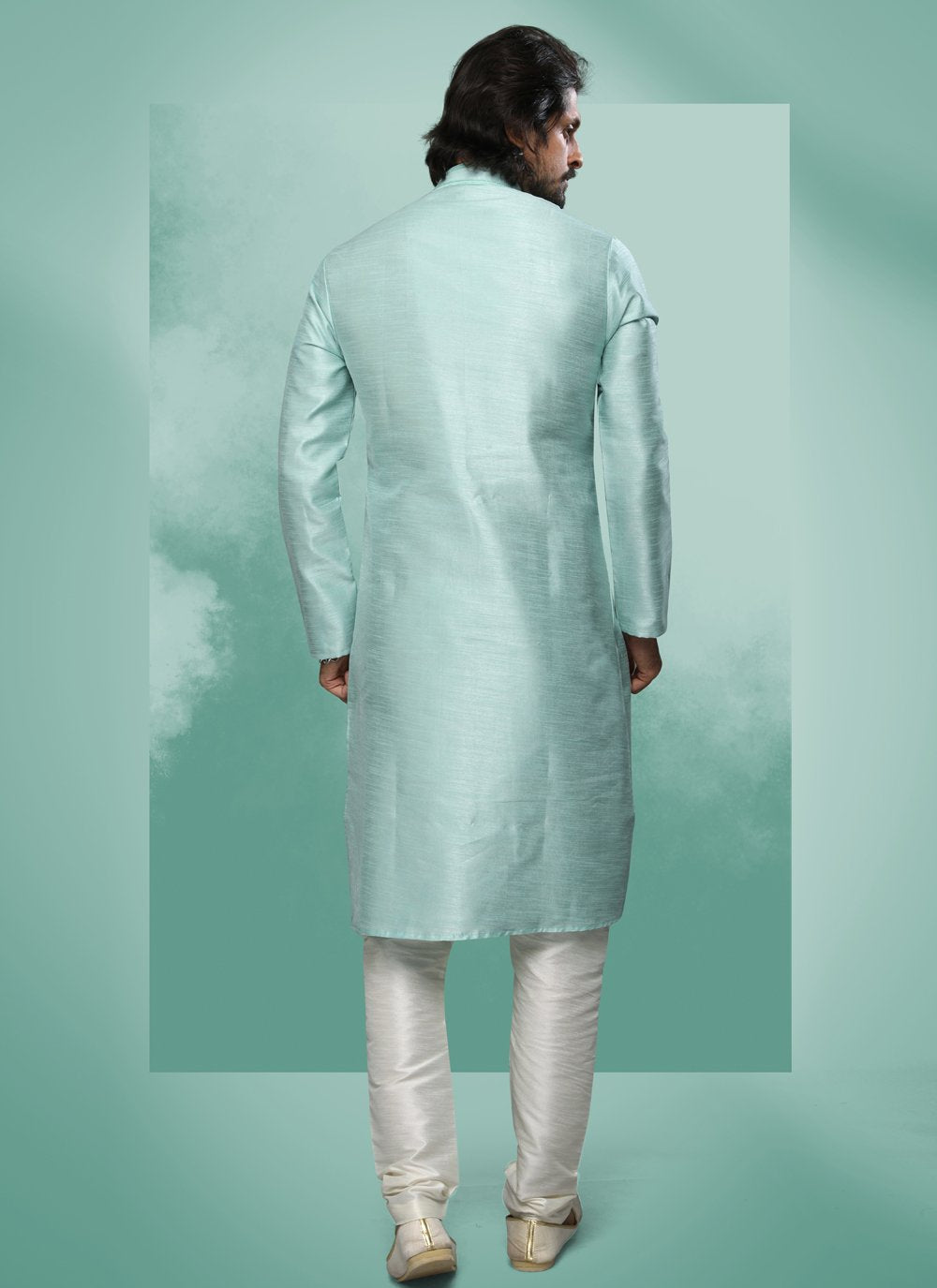 Kurta Pyjama Art Silk Turquoise Embroidered Mens