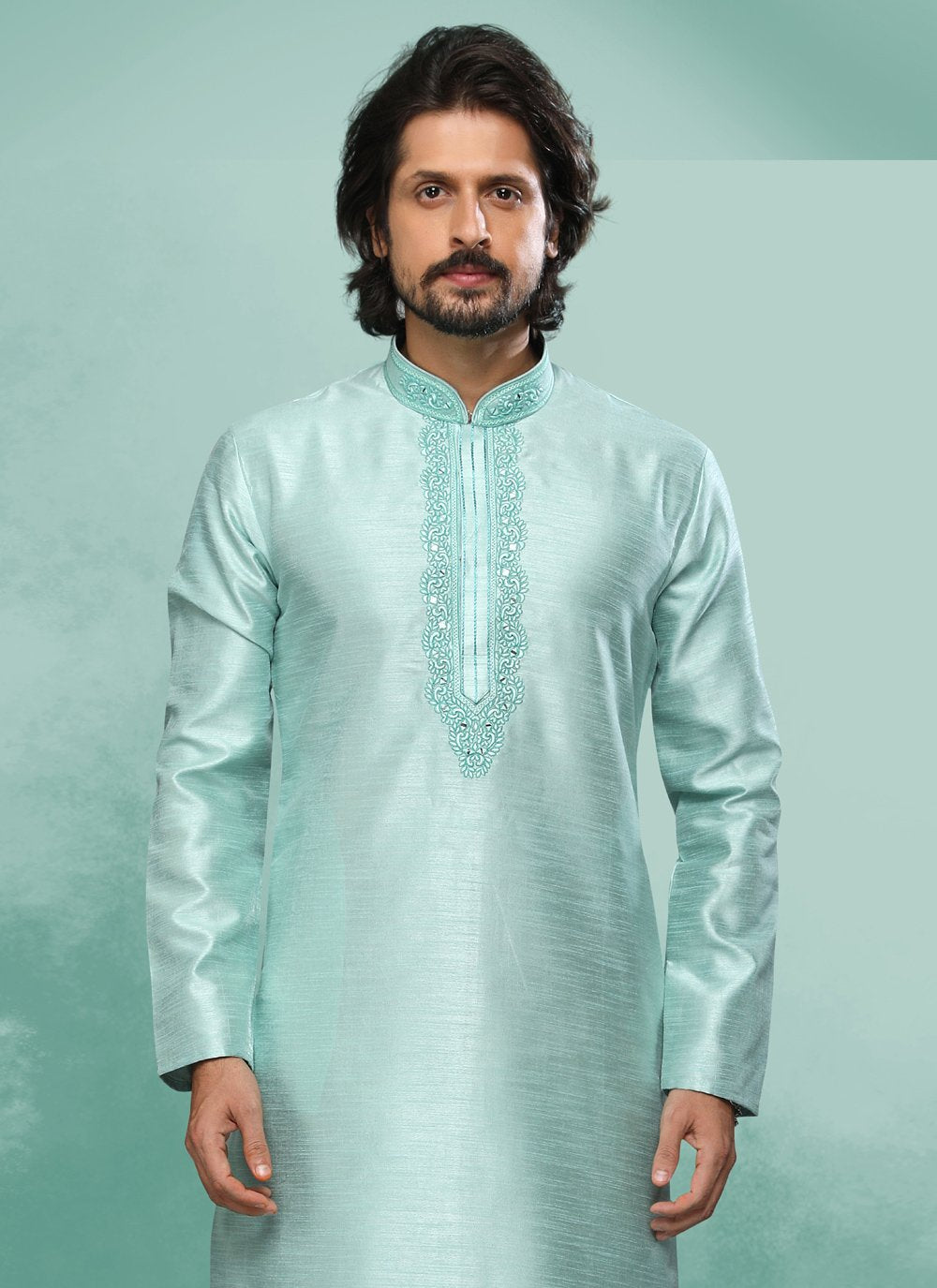 Kurta Pyjama Art Silk Turquoise Embroidered Mens