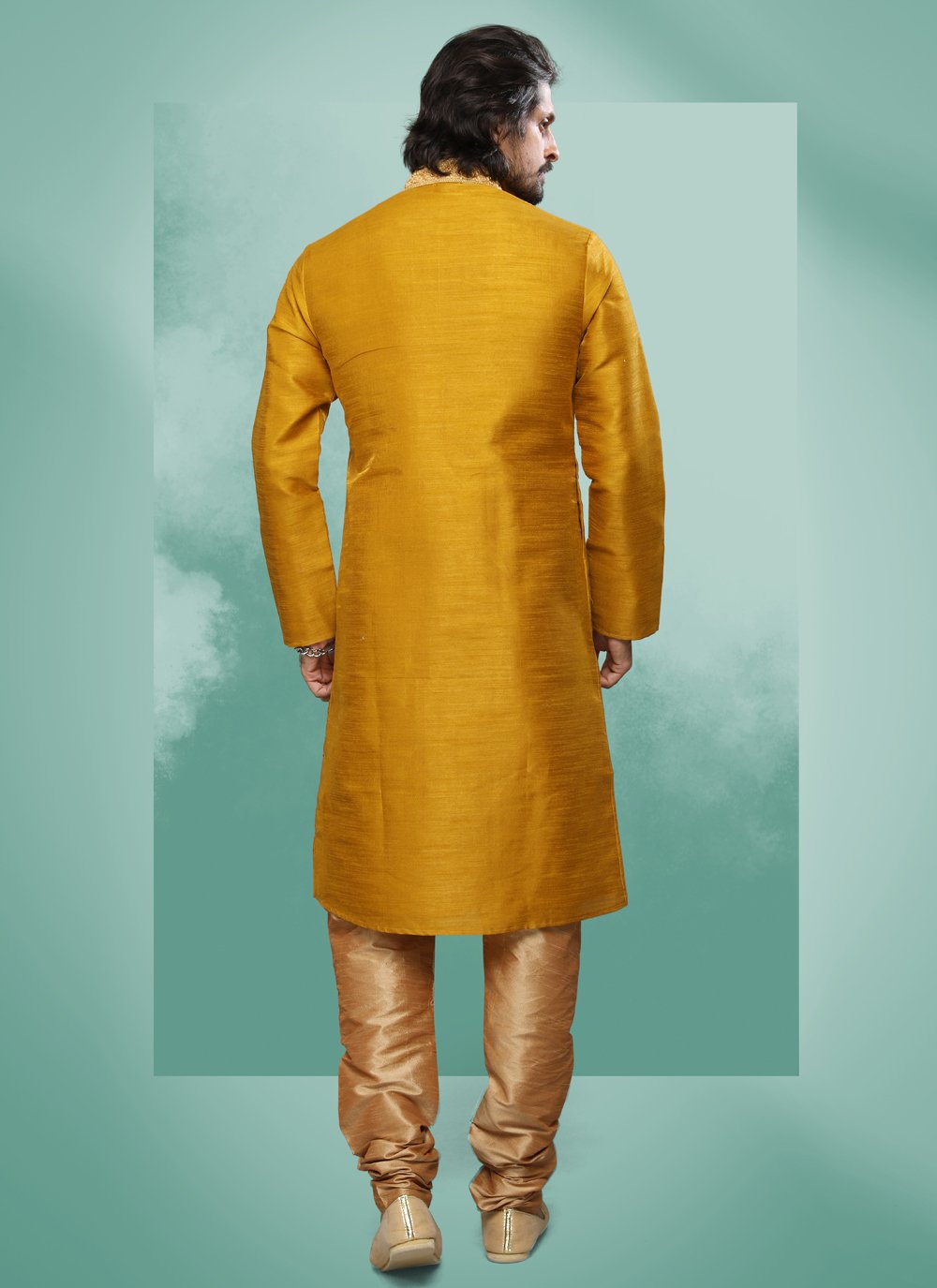 Kurta Pyjama Art Silk Yellow Embroidered Mens