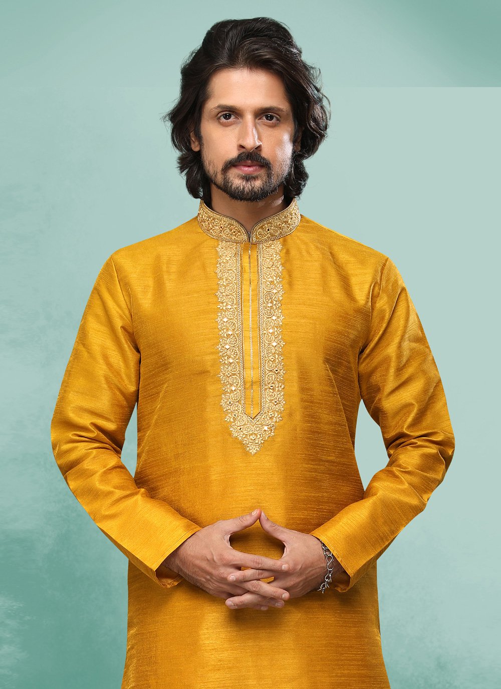 Kurta Pyjama Art Silk Yellow Embroidered Mens