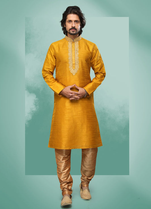 Kurta Pyjama Art Silk Yellow Embroidered Mens