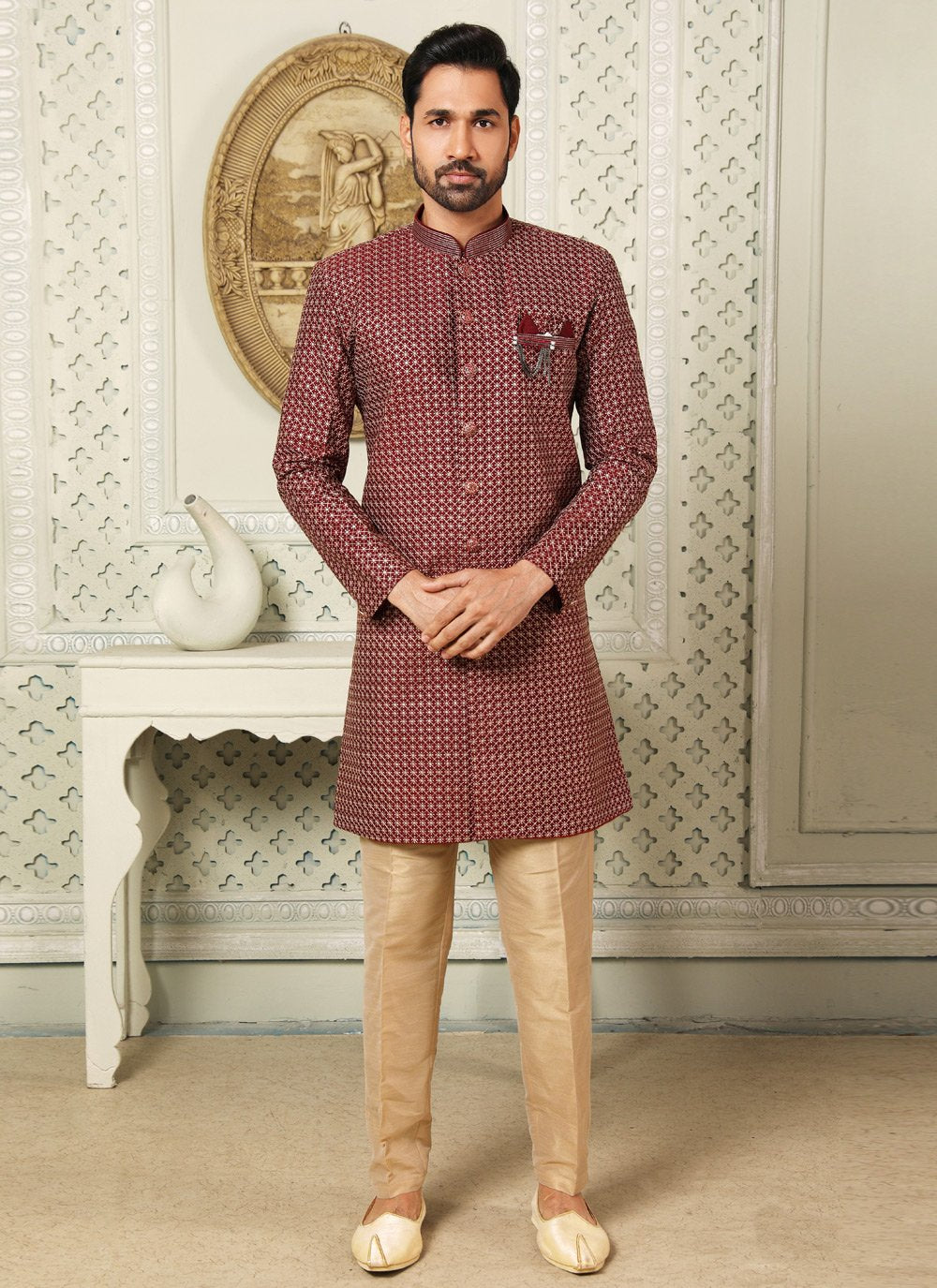 Indo Western Art Silk Maroon Embroidered Mens