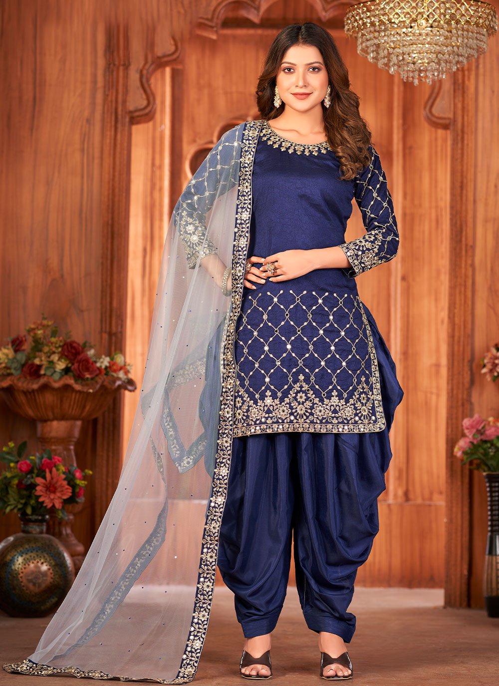 Patiala Suit Art Silk Blue Embroidered Salwar Kameez