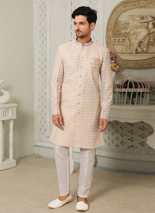 Indo Western Art Silk Peach Embroidered Mens