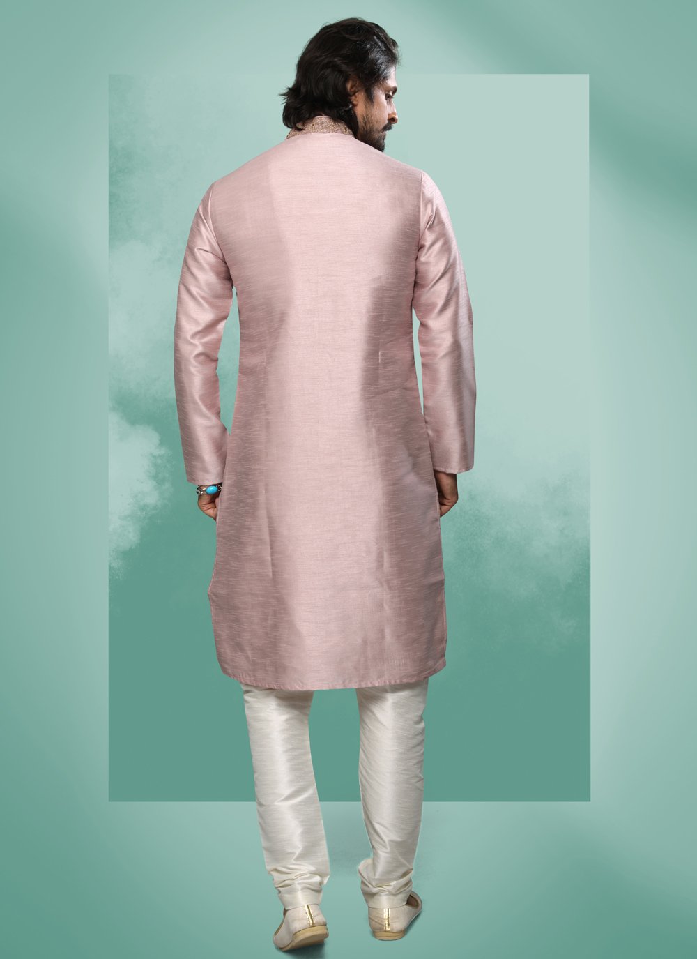 Kurta Pyjama Art Silk Pink Embroidered Mens