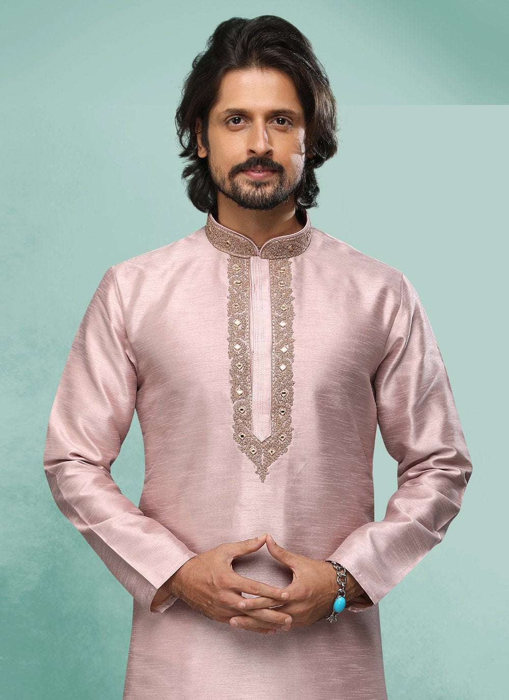 Kurta Pyjama Art Silk Pink Embroidered Mens