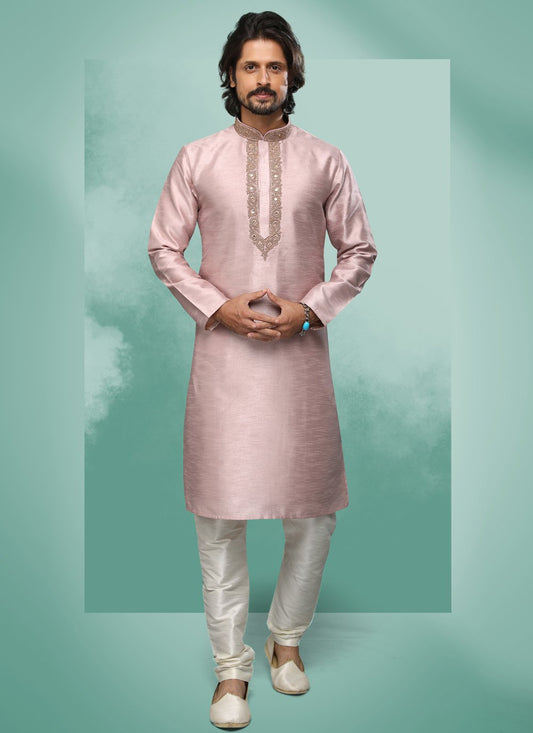 Kurta Pyjama Art Silk Pink Embroidered Mens