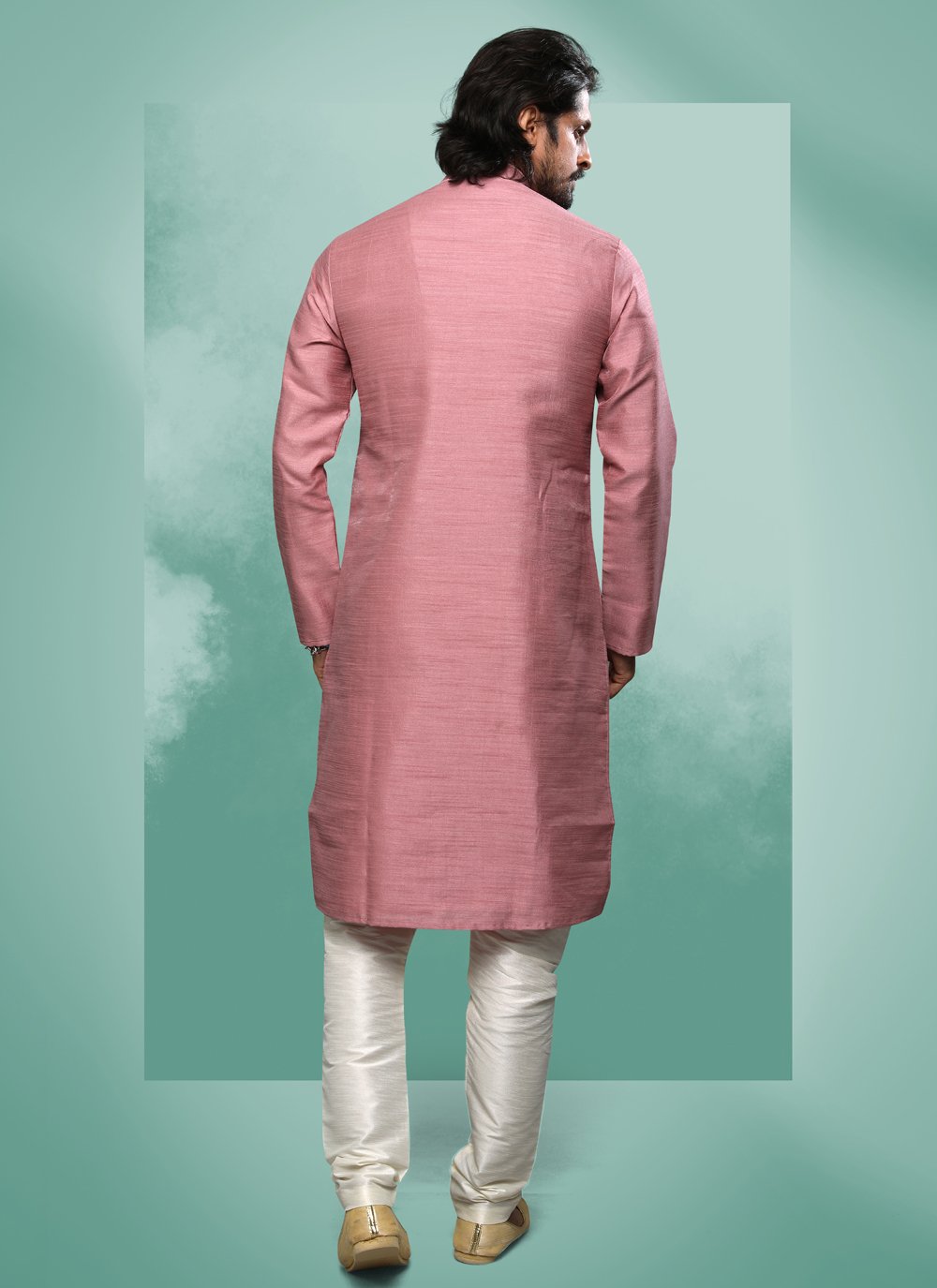 Kurta Pyjama Art Silk Pink Embroidered Mens