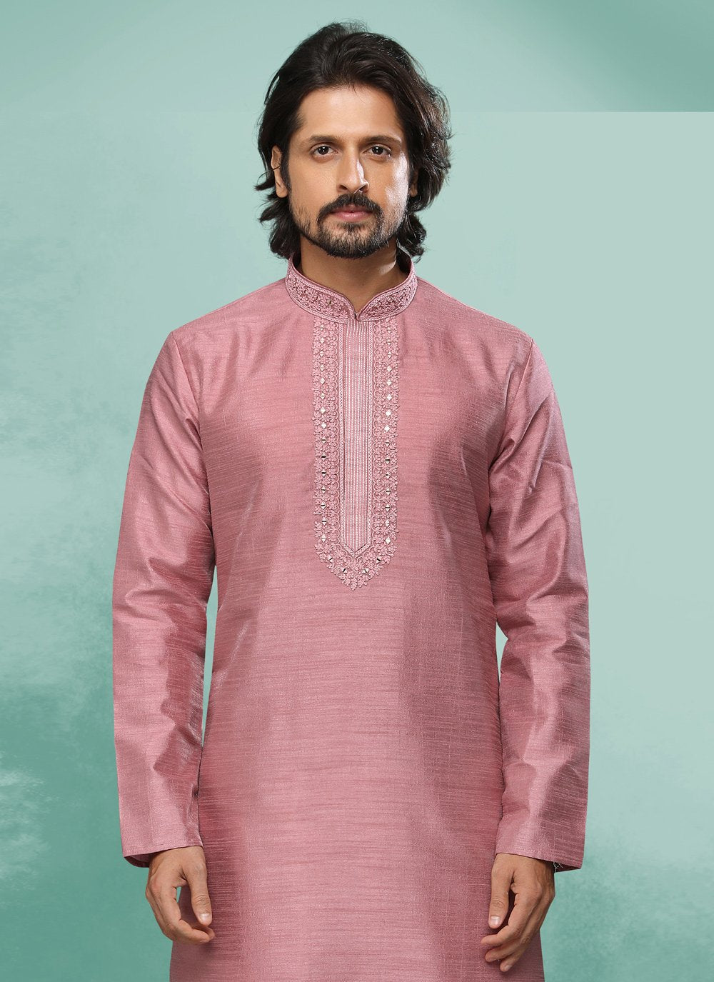 Kurta Pyjama Art Silk Pink Embroidered Mens