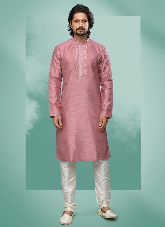 Kurta Pyjama Art Silk Pink Embroidered Mens