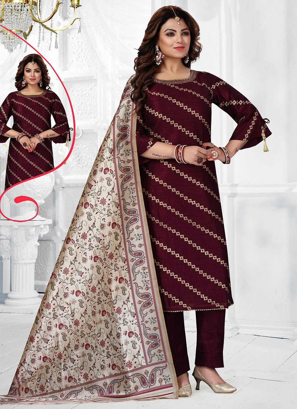 Salwar Suit Art Silk Wine Embroidered Salwar Kameez