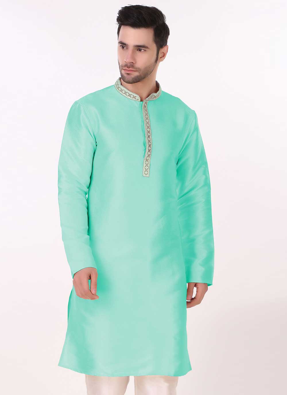 Kurta Pyjama Art Silk Sea Green Embroidered Mens