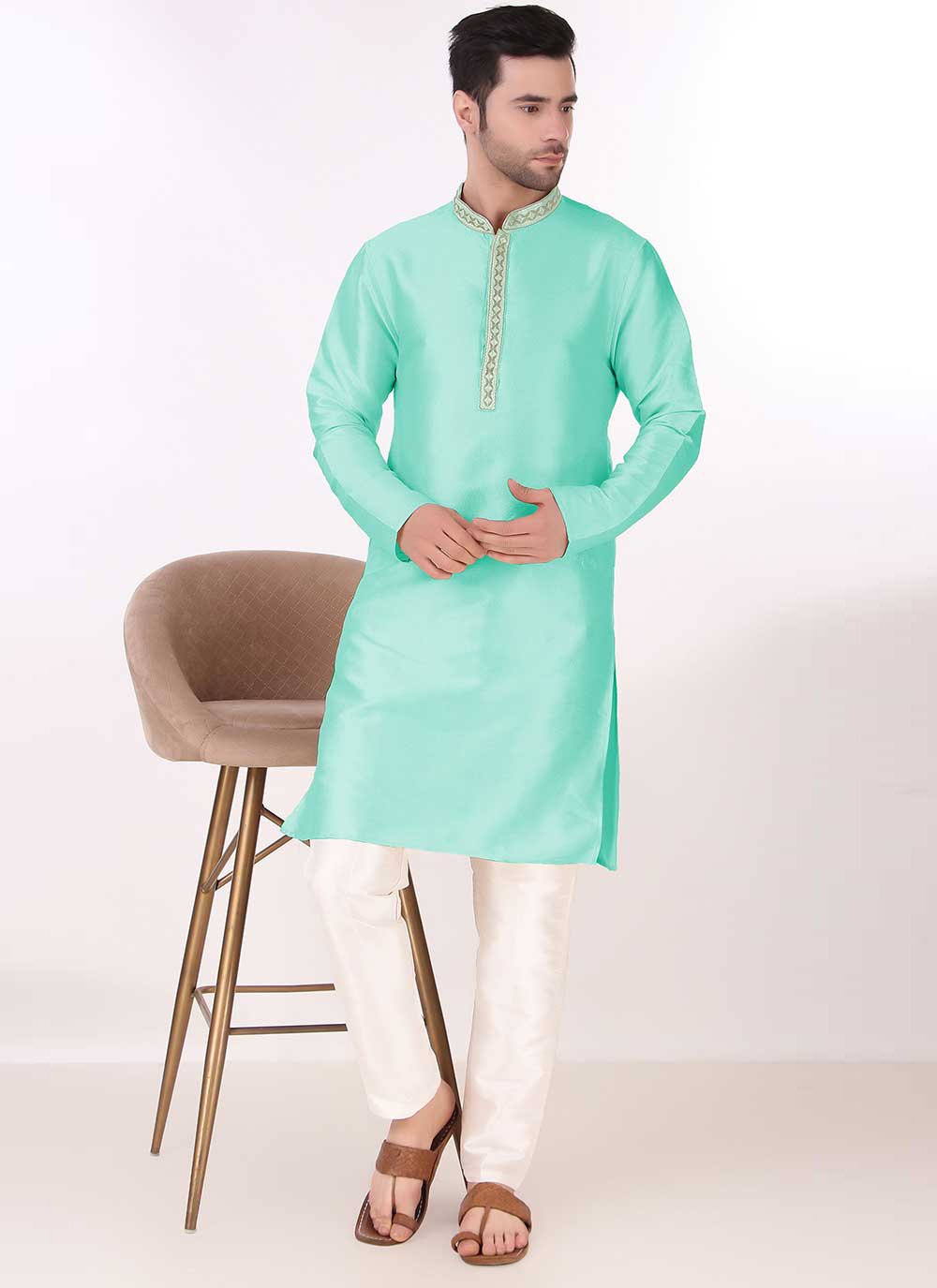 Kurta Pyjama Art Silk Sea Green Embroidered Mens