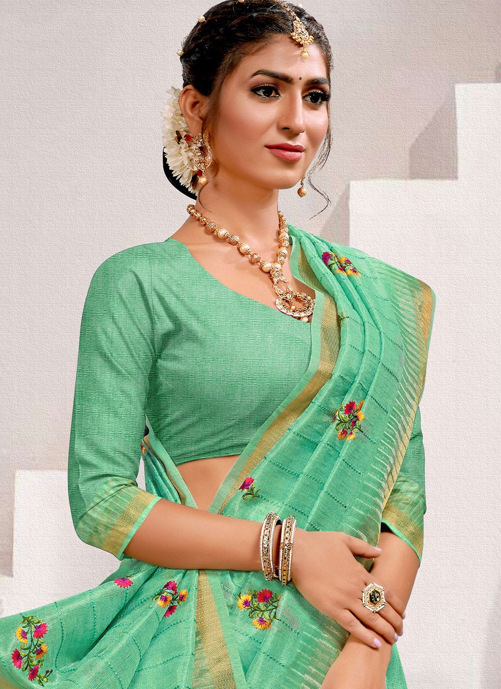 Trendy Saree Art Silk Sea Green Embroidered Saree