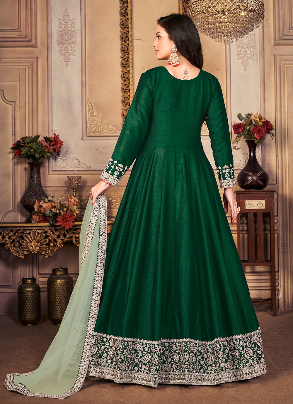 Salwar Suit Art Silk Green Embroidered Salwar Kameez