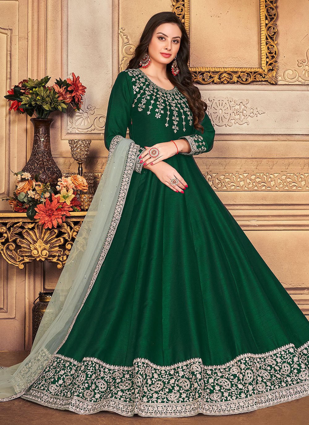 Salwar Suit Art Silk Green Embroidered Salwar Kameez