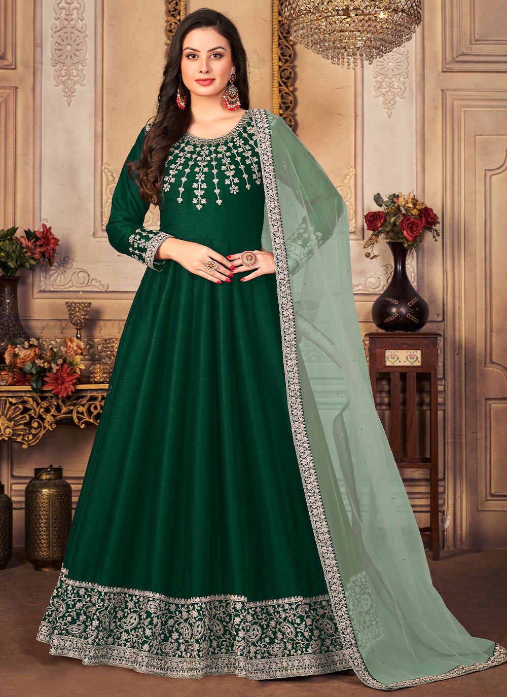 Salwar Suit Art Silk Green Embroidered Salwar Kameez