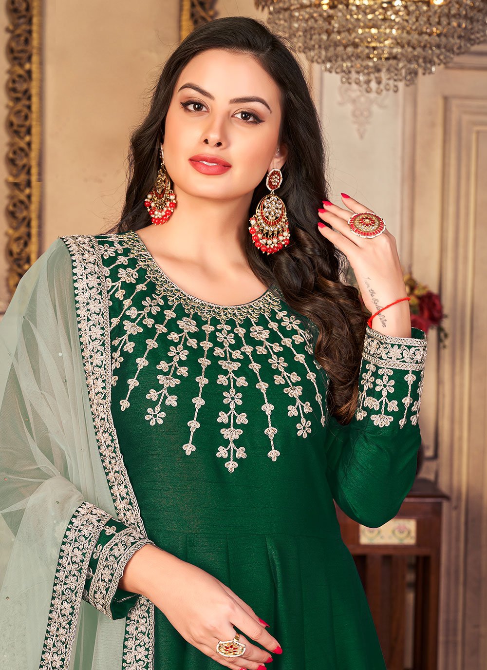 Salwar Suit Art Silk Green Embroidered Salwar Kameez