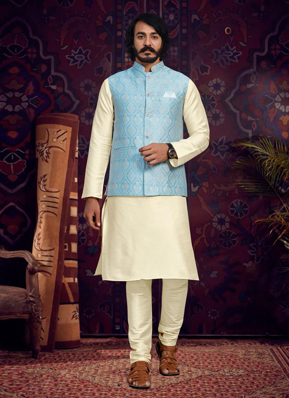 Kurta Payjama With Jacket Art Silk Jacquard Aqua Blue Cream Fancy Work Mens