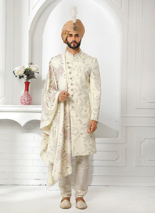 Indo Western Sherwani Art Silk Cream Embroidered Mens