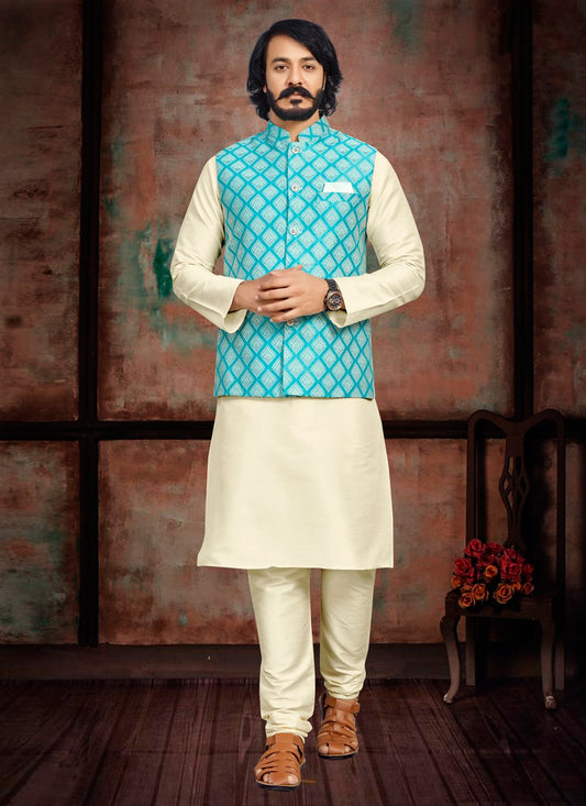 Kurta Payjama With Jacket Art Silk Jacquard Cream Turquoise Fancy Work Mens