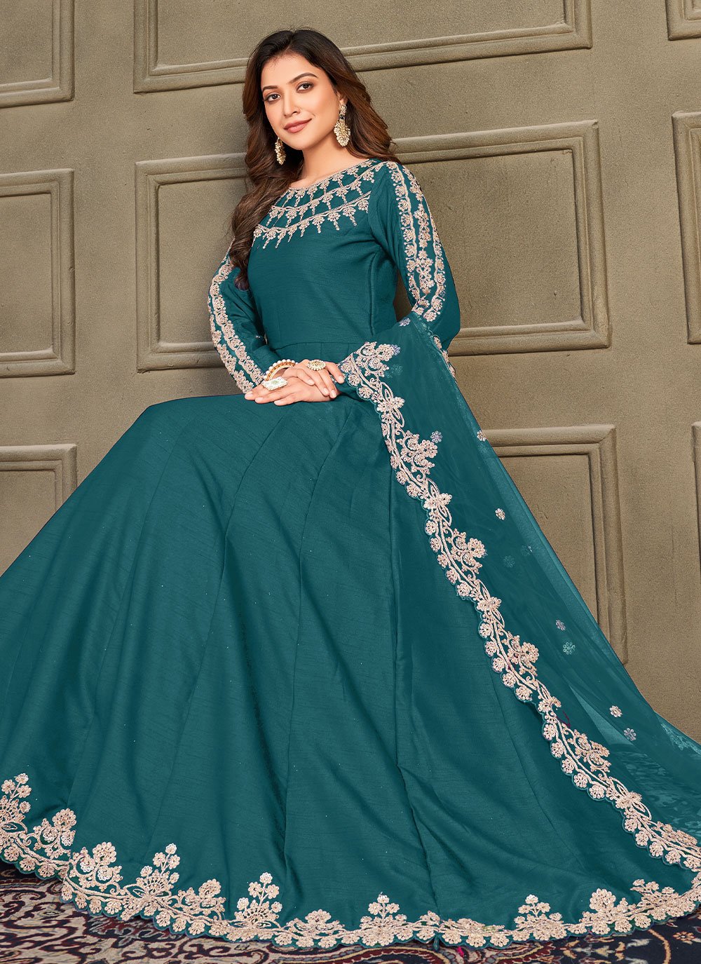 Anarkali Suit Art Silk Green Embroidered Salwar Kameez