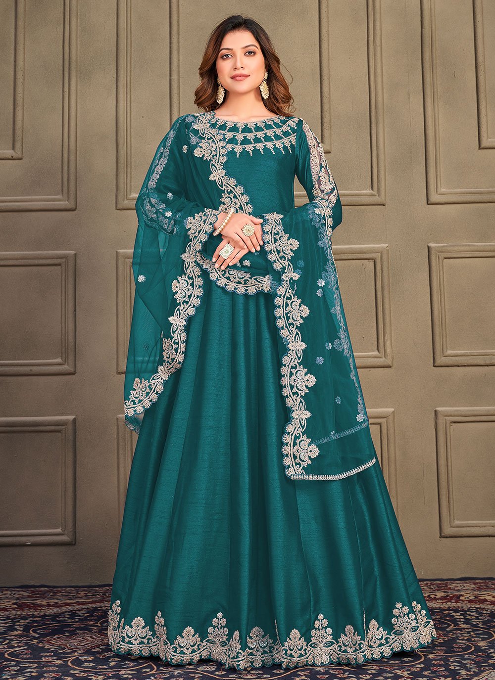 Anarkali Suit Art Silk Green Embroidered Salwar Kameez