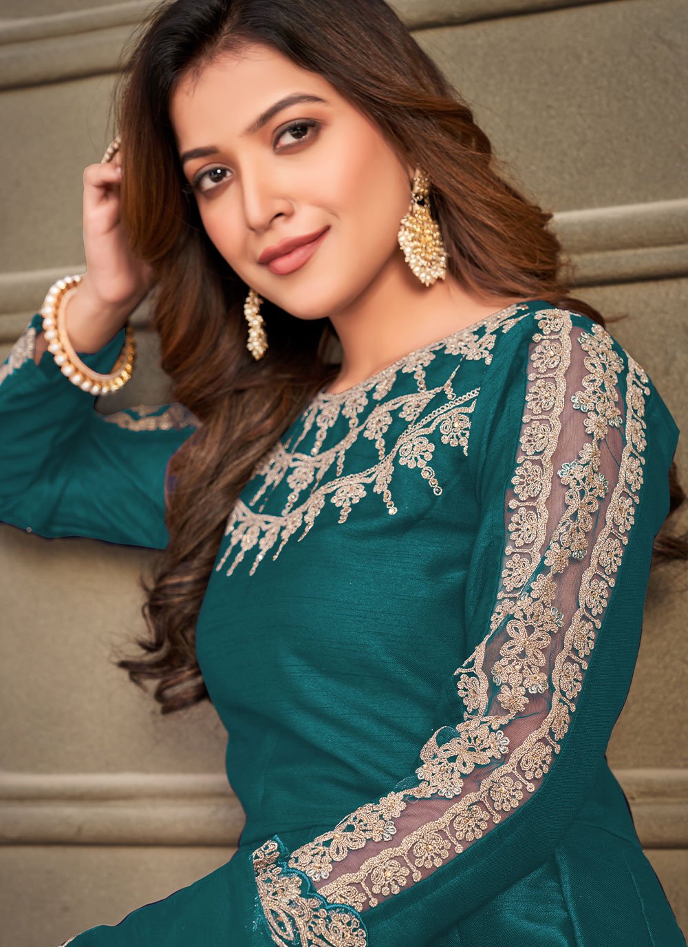 Anarkali Suit Art Silk Green Embroidered Salwar Kameez