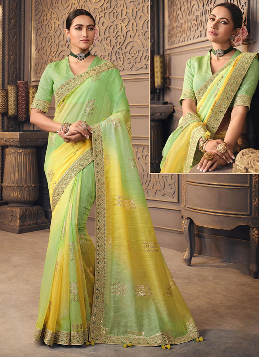 Contemporary Art Silk Green Yellow Embroidered Saree