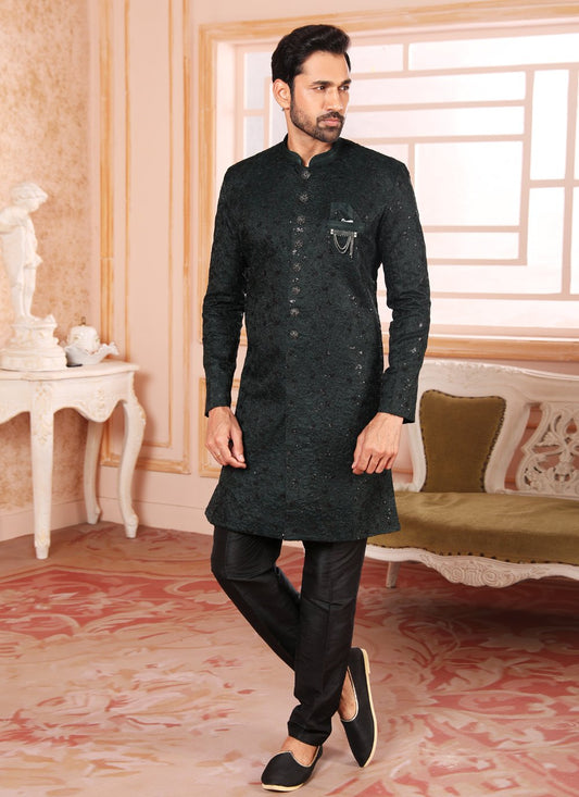 Indo Western Art Silk Green Embroidered Mens