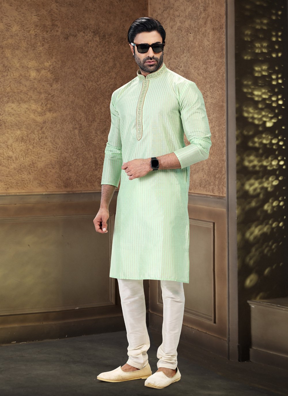 Kurta Pyjama Art Silk Jacquard Green Fancy Work Mens