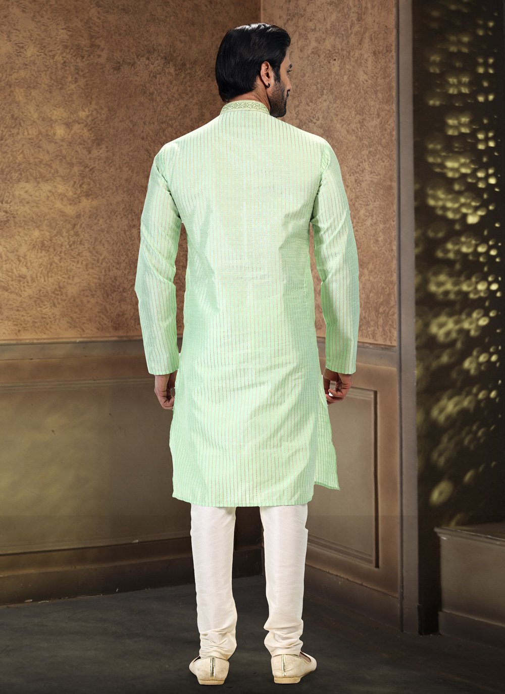 Kurta Pyjama Art Silk Jacquard Green Fancy Work Mens